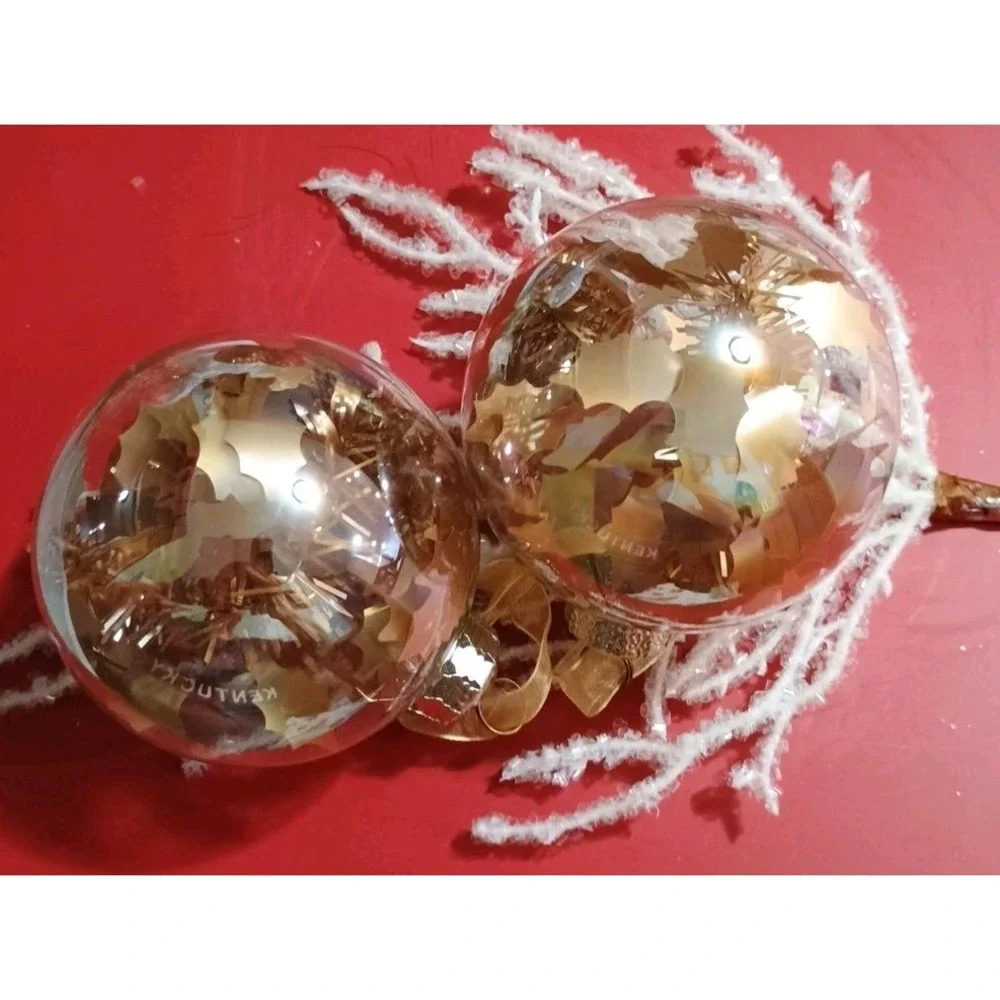 Pair Of Frontgate Clear Glass‎ Gold Round Christmas Ornaments 4.5